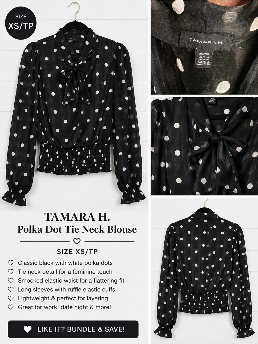 Tamara H. Black & White Polka Dot Tie-Neck Blouse